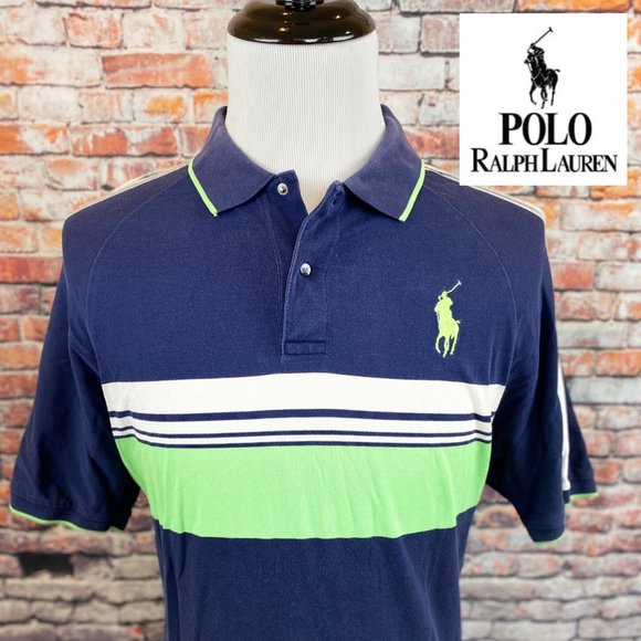 Polo Ralph Lauren Navy Green Striped Snap Polo L - Picture 1 of 5